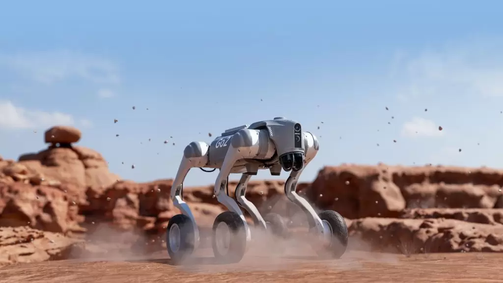 Unitree Go2-W quadruped robot performing field demonstration